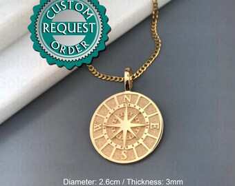 CUSTOM NEW 14k solid gold pendant compass, diameter 2.6cm, thickness 3mm