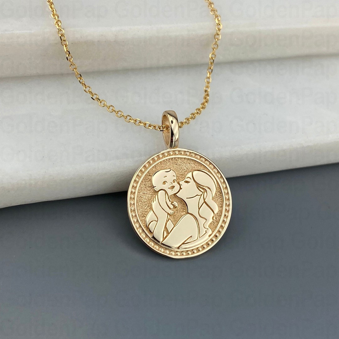Pendant Mother And Child Necklace Gold 14k Gold Mom Holding Baby