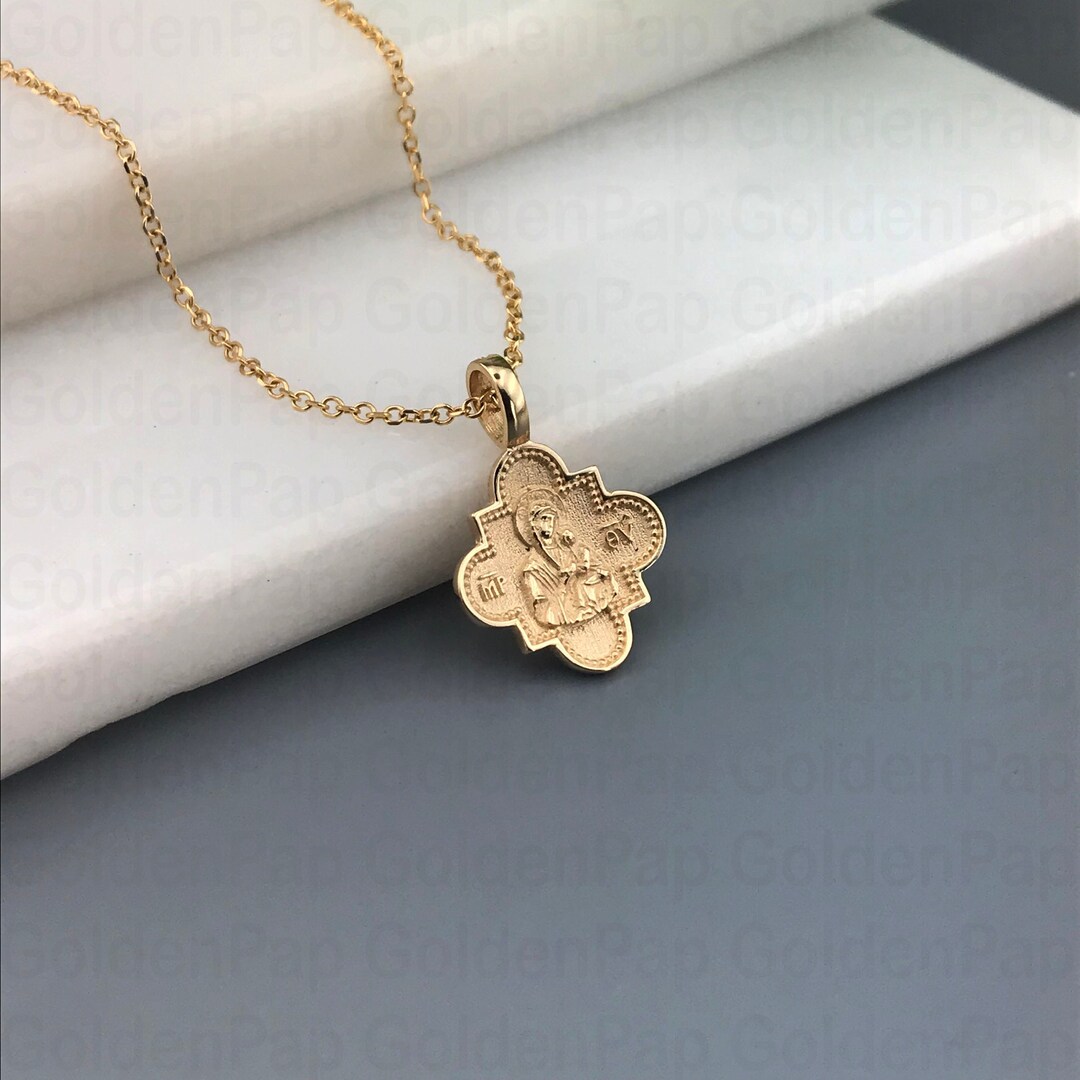 Small Size 14k Solid Gold Pendant, Double Sided Pendant With Virgin ...