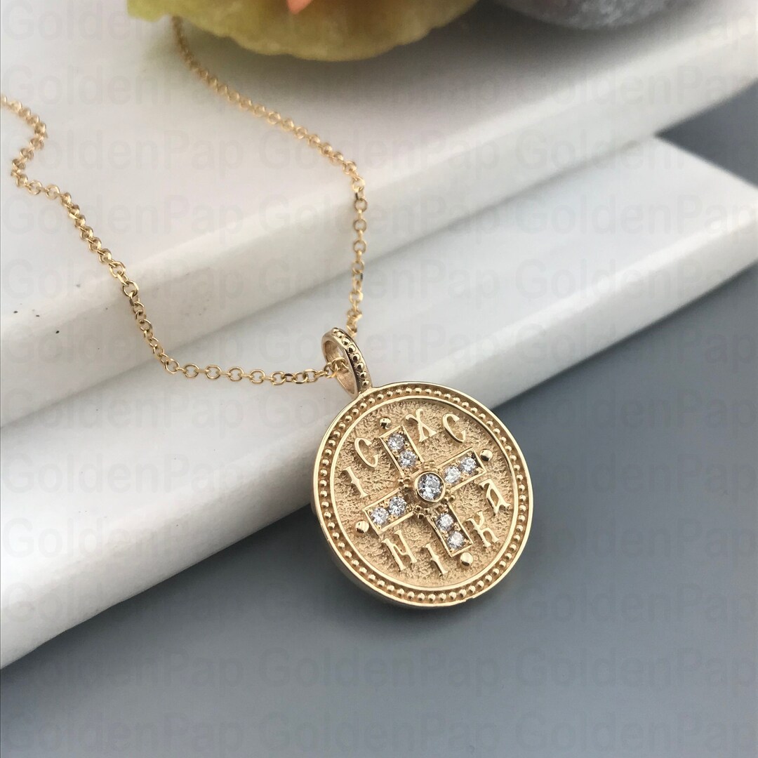 14k Solid Gold Pendant With Virgin Mary, Double Sided Pendant, Diameter ...