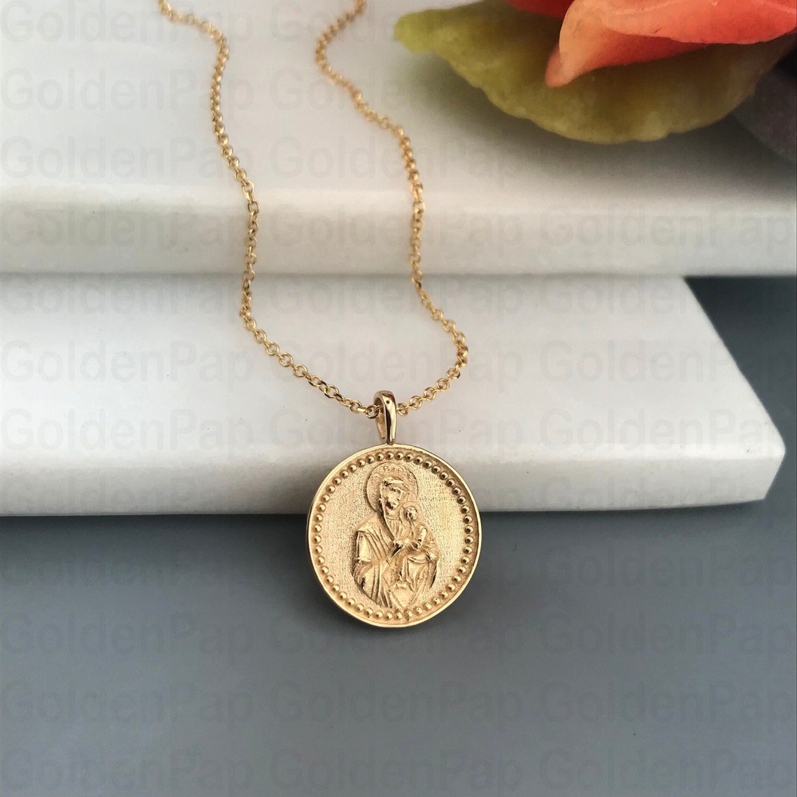 14k Solid Gold Pendant With Virgin Mary Religious Pendant for - Etsy