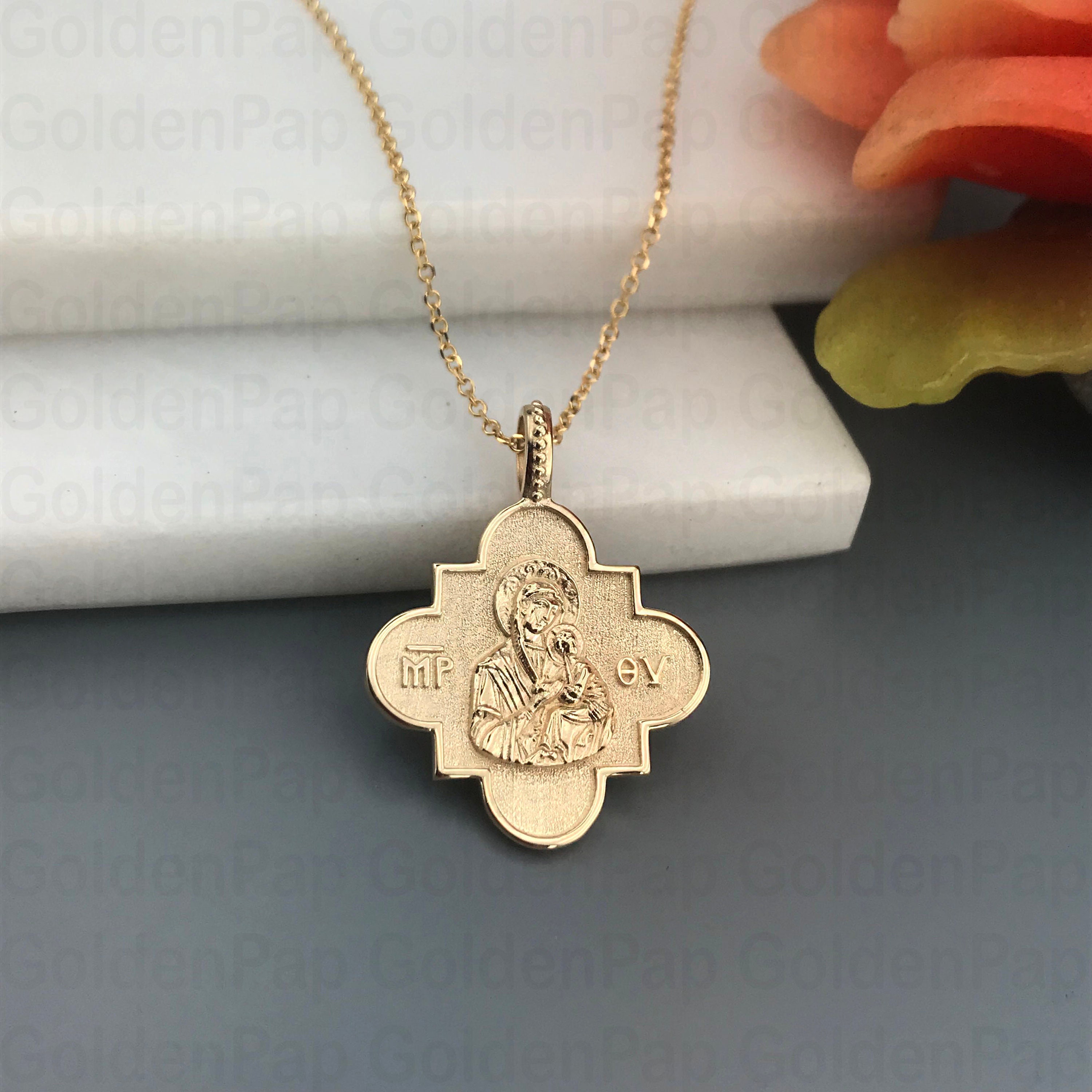 14k Solid Gold Pendant, Double Sided Pendant With Virgin Mary ...