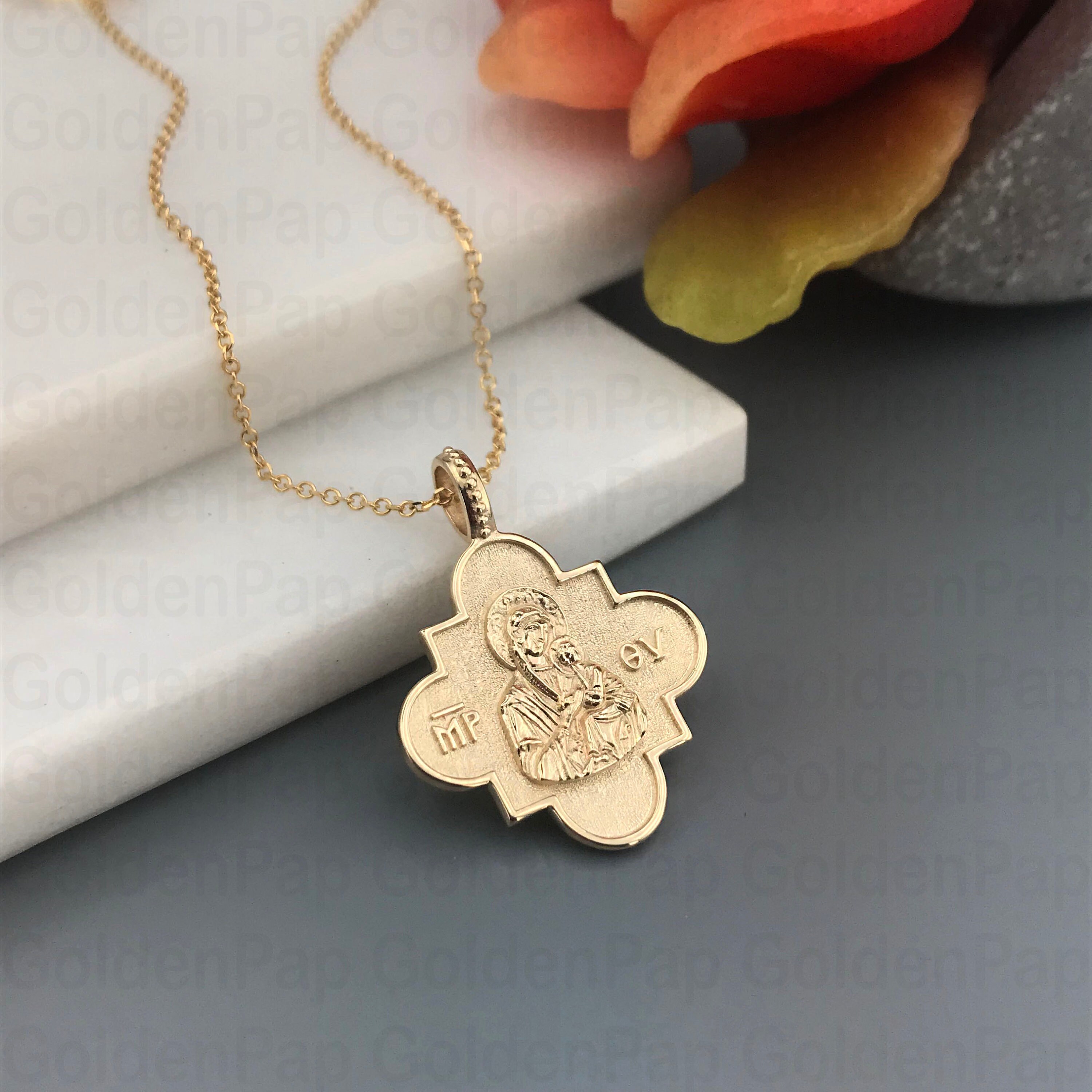 14k Solid Gold Pendant, Double Sided Pendant With Virgin Mary ...