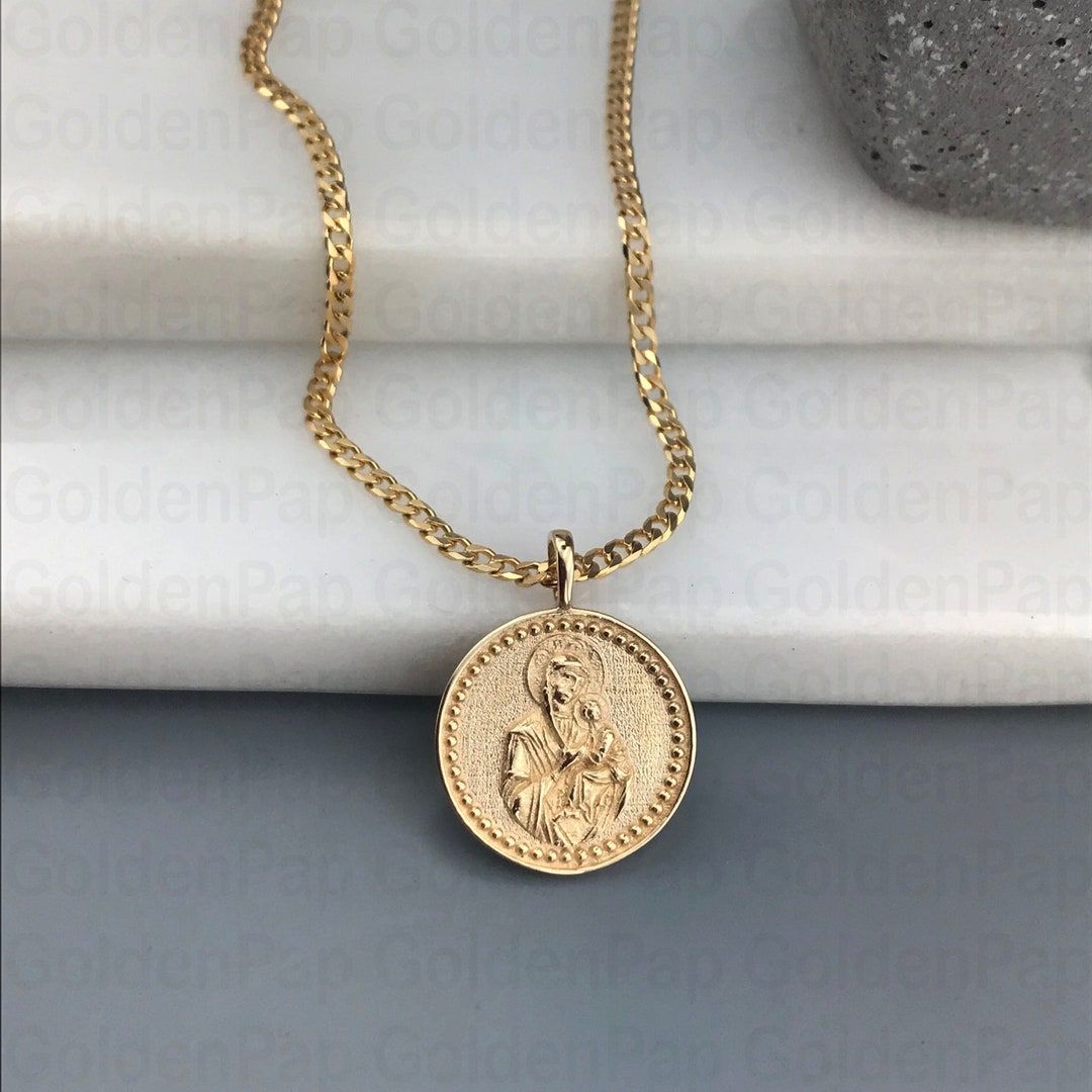14k Solid Gold Pendant With Virgin Mary, Religious Pendant for Men and