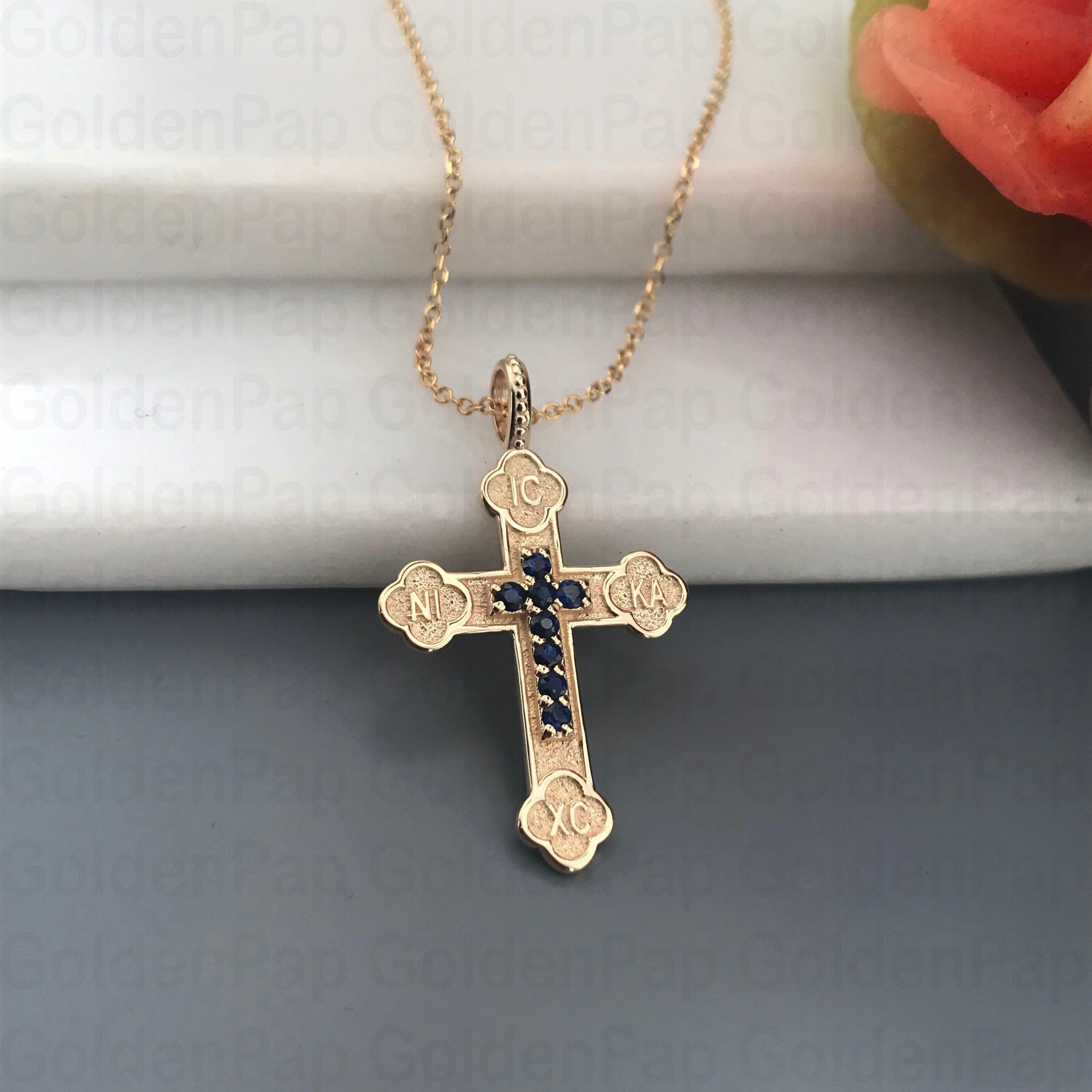 14k solid gold cross with natural sapphires