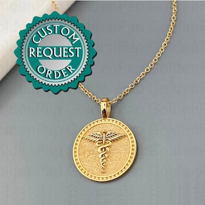 CUSTOM 14k solid gold pendant, Caduceus Necklace, Pesronalized Caduceus Pendant, Caduceus Symbol of Medicine, Medical pendant