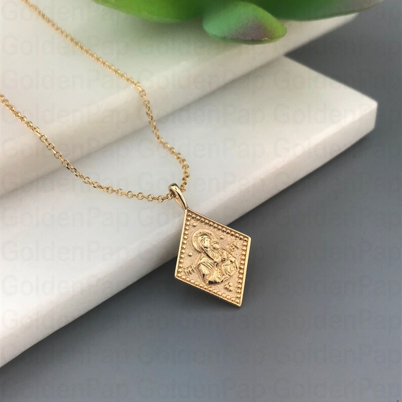 14k Solid Gold Pendant, Double Sided Pendant With Virgin Mary - Etsy