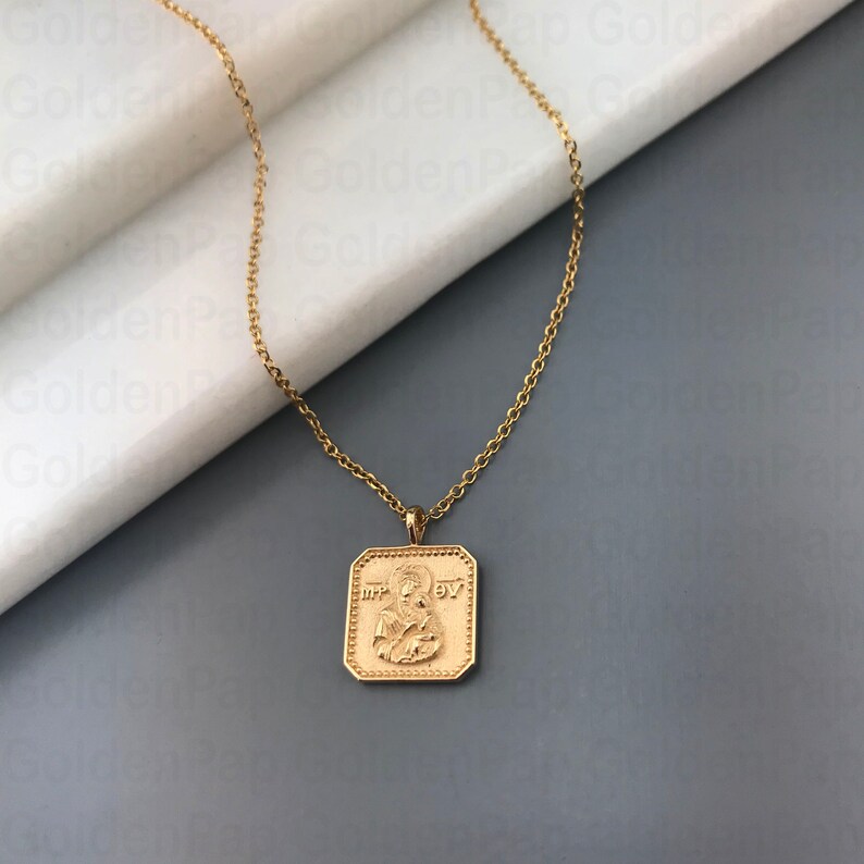 Small Size 14k Solid Gold Pendant, Double Sided Pendant With Virgin ...
