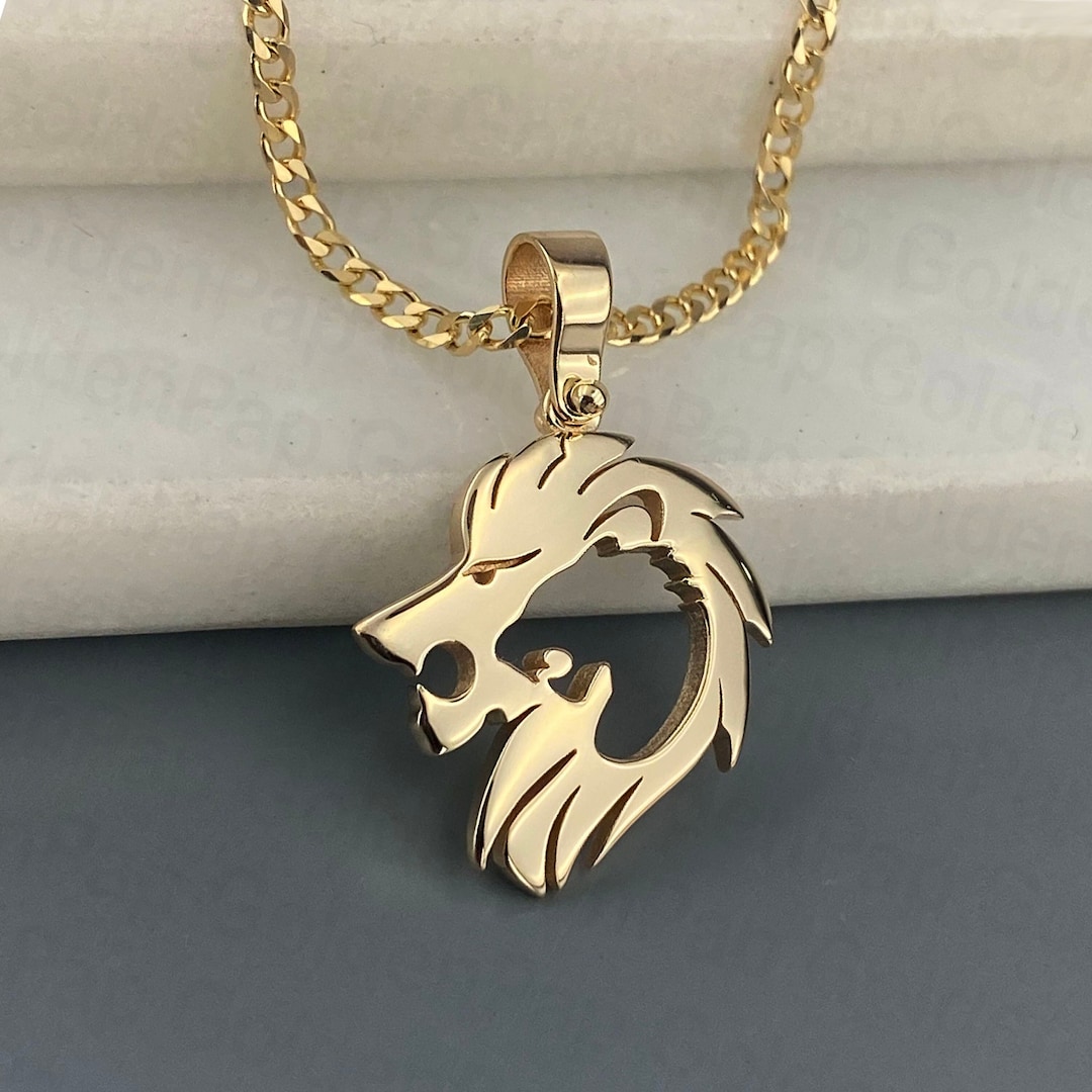Lion Charm Necklace Solid Gold 14k Gold Lion Head Charm 14k Solid