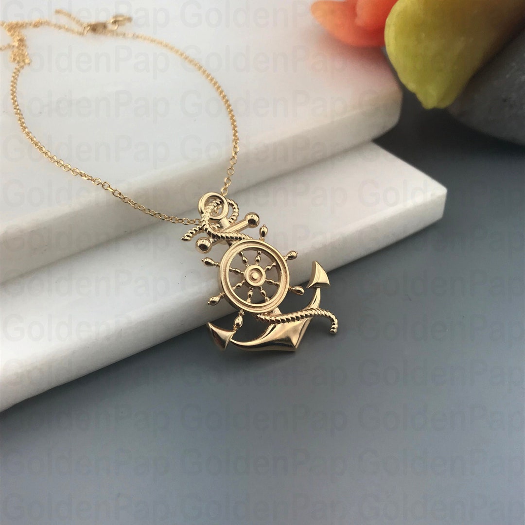 14k Solid Gold Pendant With Αnchor Nautical Steering Wheel