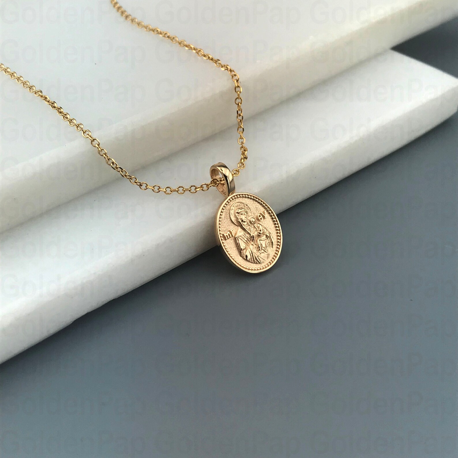 Small Size 14k Solid Gold Pendant, Double Sided Pendant With Virgin ...