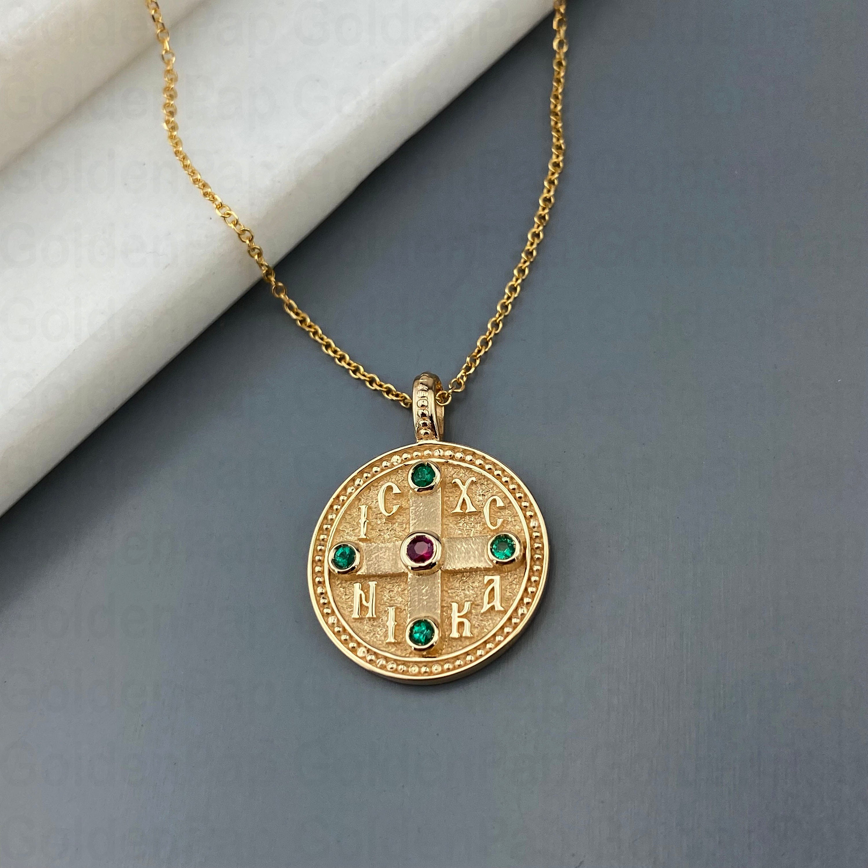 Religious Ruby 14k Solid Gold Pendant With Natural Ruby and Emeralds, Religious ...
