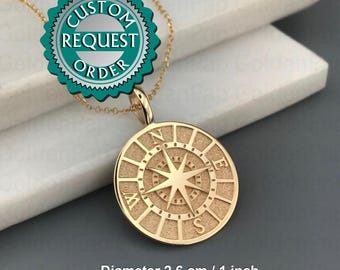 CUSTOM 14k solid gold pendant compass with a natural diamond in the center, diameter 2.6cm