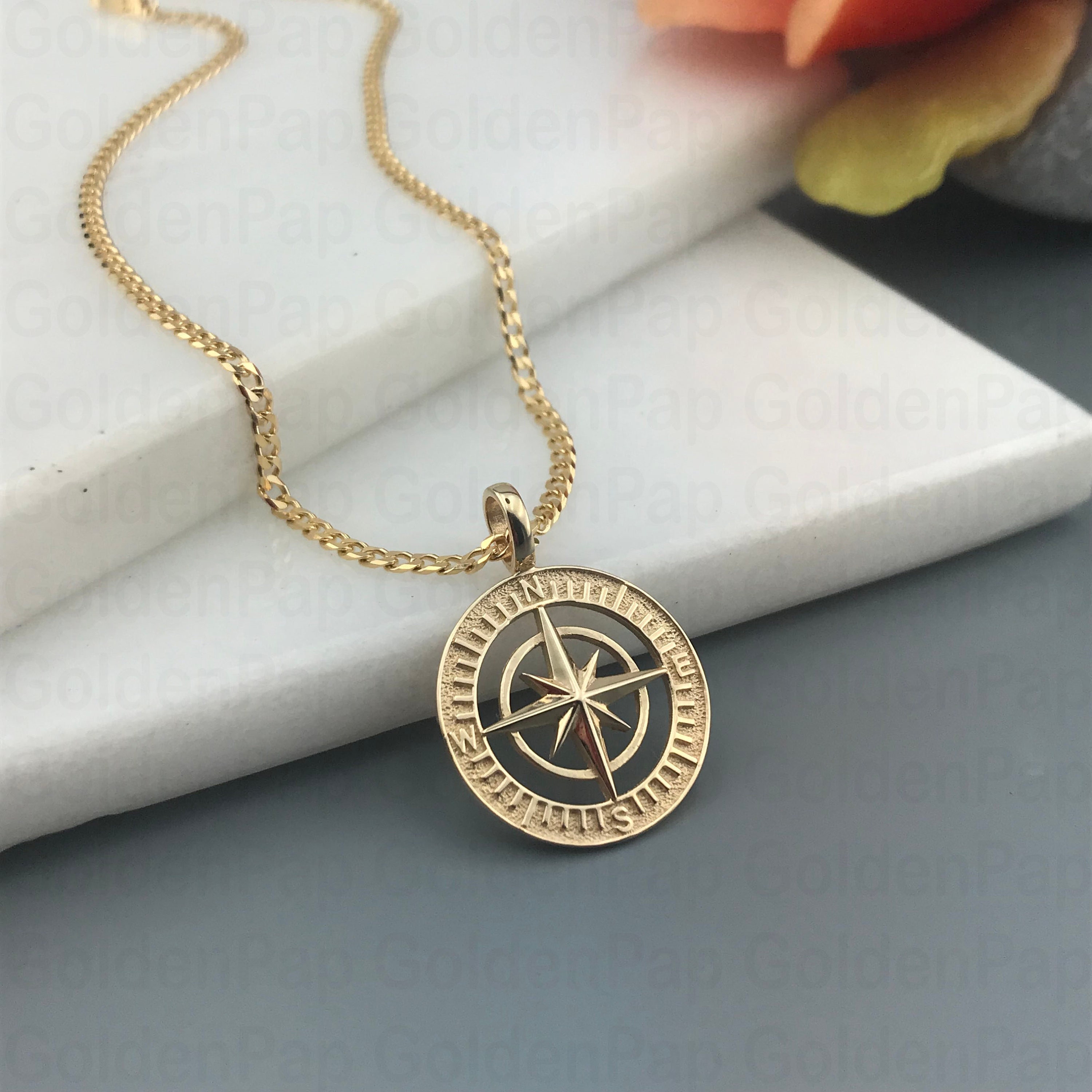 14k Solid Gold Pendant Compass 