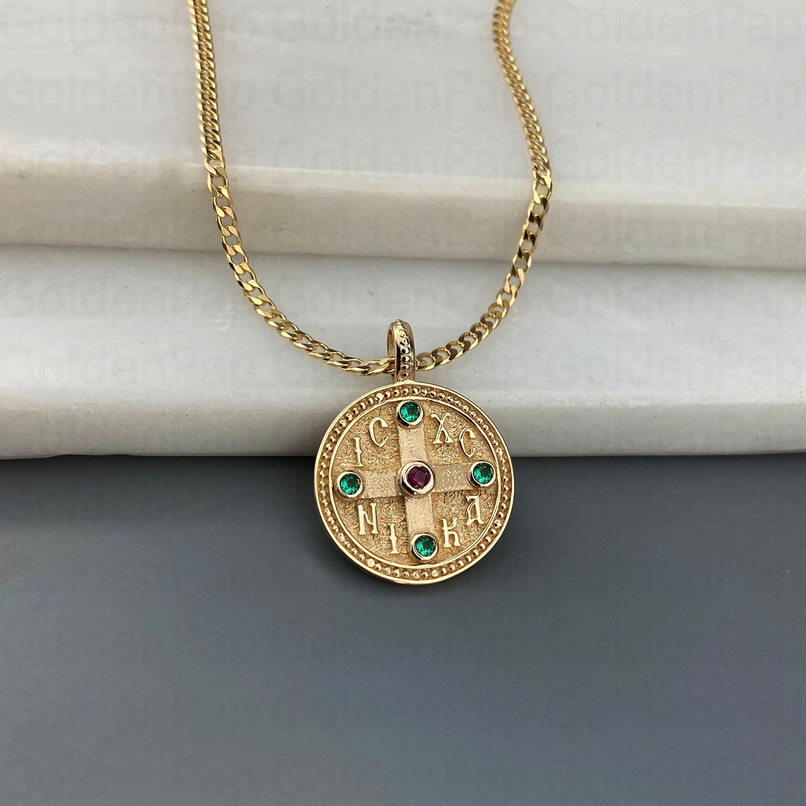 Religious Ruby 14k Solid Gold Pendant With Natural Ruby and Emeralds, Religious ...
