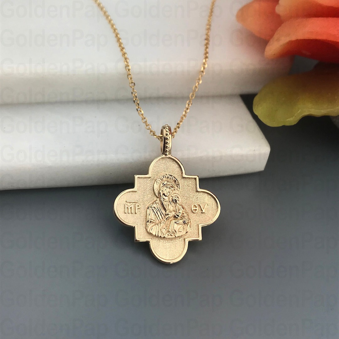 14k Solid Gold Pendant, Double Sided Pendant With Virgin Mary - Etsy