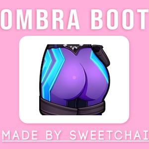 May include: A digital illustration of a character from the video game Overwatch, Sombra, with the text "SOMBRA BOOTY" above the image and "MADE BY SWEETCHAI" below the image. The character is wearing a purple and blue suit with a black belt and a gun on her hip.