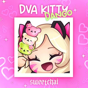 May include: A pink and white digital illustration of a cartoon character with blonde hair, wearing a pink and black cat ear headband, holding a green, white and pink dango on a stick. The text "DVA KITTY DANGO" is above the character and the text "sweetchai" is below the character.