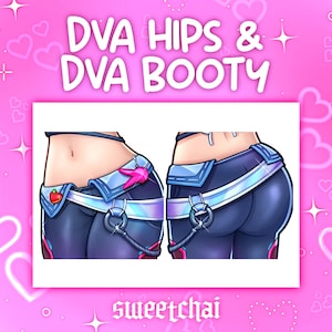 May include: An illustration showing two images side-by-side of a person's hips and buttocks, wearing a blue and black outfit with a silver belt and a pink accent. The text "DVA HIPS & DVA BOOTY" is at the top, and "sweetchai" is at the bottom.