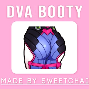 May include: A digital illustration of a character from the video game Overwatch, D.Va, with the text "DVA BOOTY" above the image and "MADE BY SWEETCHAI" below the image. The character is wearing a pink and blue suit with black armour.