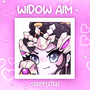 May include: A cartoon illustration of Widowmaker from the video game Overwatch. She is wearing a white and gold outfit with a purple gem on her chest. The background is pink with hearts and stars. The text "WIDOW AIM" is at the top of the image and "sweetthai" is at the bottom.