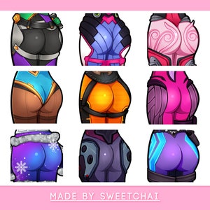May include: A digital sticker sheet featuring nine different illustrations of female characters from a video game. Each illustration shows the character's back with a focus on their lower body. The characters are wearing a variety of colourful outfits, including purple, blue, pink, orange, and green.