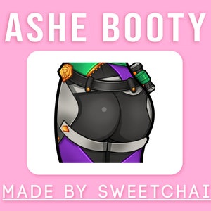 May include: A cartoon illustration of a character's lower body wearing a black and purple outfit with a green and gold belt. The character is wearing a green and gold belt with a skull design. The text "ASHE BOOTY" is above the image and the text "MADE BY SWEETCHAI" is below the image.