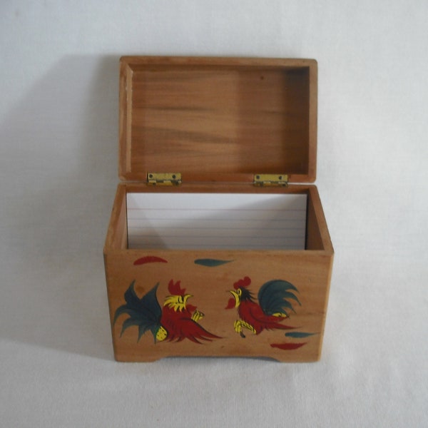 Wood Roosters Recipe Box Vintage 1960s