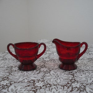 Ruby Red Sugar and Creamer Set Moondrops Pattern Vintage from the 1930’s