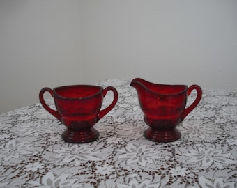 Ruby Red Sugar and Creamer Set Moondrops Pattern Vintage from the 1930’s