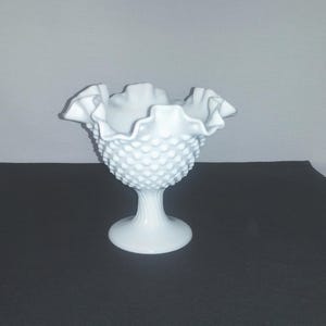 Hobnail Milk Glass Dish Ruffled Edge Candy Dish Vintage from the 1970s