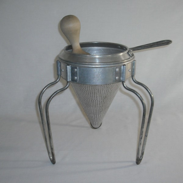 Metal Sieve and Stand Wear-Ever Tomato or Grape Sieve w/Tripod and Wood Pestle Vintage