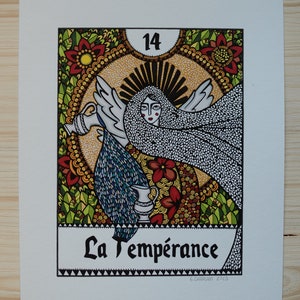 Illustration originale à l'encre carte du tarot de Marseille , arcane 14 la Tempérance