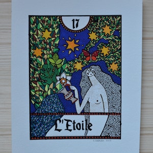 Illustration originale arcane 17 du tarot de Marseille , l'Etoile, encre de chine, feutres à alcool, acrylique.
