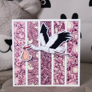 Carte de naissance cigogne et objets de bébé / Faire part. Carte française dessinée à la main