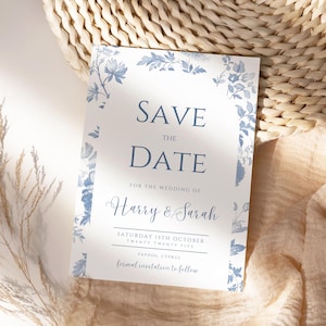 Tarjeta para guardar la fecha con diseño de toile azul francés, invitación imprimible para boda de destino con flores azules, invitación editable en azul marino, invitación en azul polvoriento - FBT01