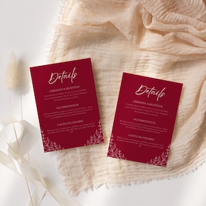Cartão de detalhes do casamento com flores silvestres vermelho escuro, cartão de informações para casamento com flores vermelhas para impressão, convite editável Borgonha - WFR01