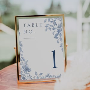 French Blue Toile Table Number, Printable Blue Floral Destination Table Number, Navy Editable Table Sign, Table Signage, 4x6 5x7 - FBT01