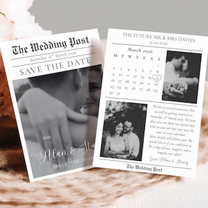 結婚式新聞のSave The Date、Canvaテンプレート、印刷可能なSave The Date Wed新聞、カレンダー付きSave The Dateカード、結婚式招待状