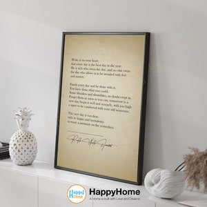 May include: A black framed print with a vintage-style background featuring a quote about making the most of each day. The quote is attributed to Ralph Waldo Emerson. The print is perfect for a home office or living room.