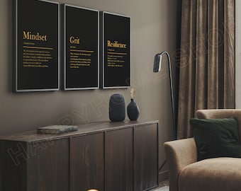 Mindset Grit Resilience Definición Citas motivacionales / Arte de pared inspirador Citas de emprendedores Póster Decoración de oficina Juego de arte de pared de 3 piezas
