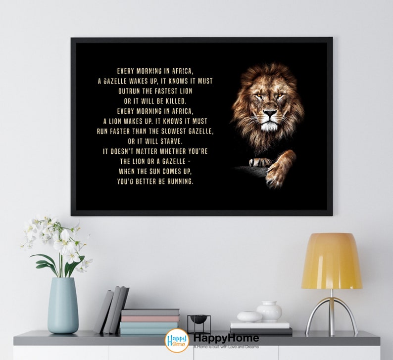 Lion Wand Art Gazelle und Lion African Sprichwort motivierende Inspirierende Zitate | Löwen Motivation Zitate Druck Leinwand Büro Dekor Kunst Bild 3