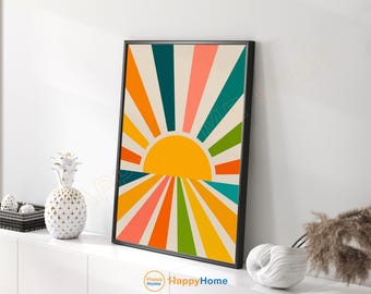 Art mural abstrait rétro sunburst, impression soleil moderne du milieu du siècle, décoration pop art colorée, décoration murale illustration soleil éclatant-PE64