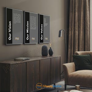 Our Values Our Vision Our Mission Wall Art Personalized Business Statement Entrepreneur Poster Office Wall Decor | Set of 3 Piece -PB99