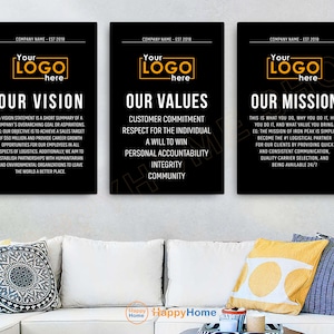 Our Values Our Vision Our Mission Wall Art Personalized Business Statement Entrepreneur Poster Office Wall Decor | Set of 3 Piece -P959