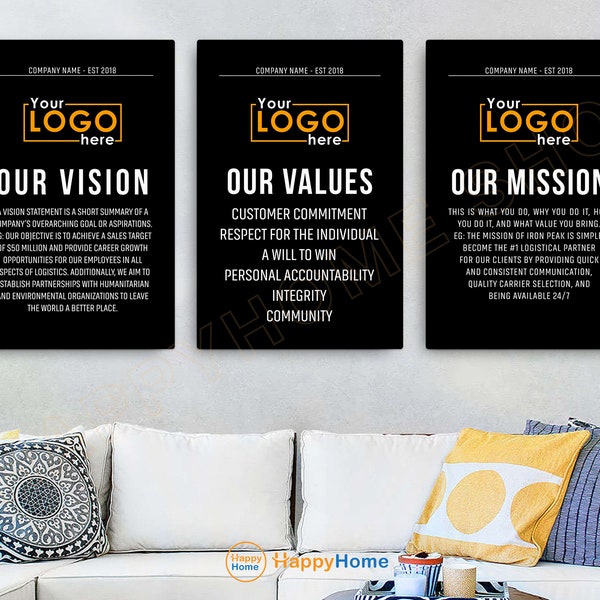 Our Values Our Vision Our Mission Wall Art Personalized Business Statement Entrepreneur Poster Office Wall Decor | Set of 3 Piece -P959