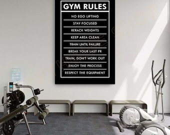 Könnte beinhalten: Schwarz-weißes Motivationsposter mit dem Text "GYM RULES" und einer Liste von Regeln für das Fitnessstudio, darunter "No ego lifting", "Stay focused", "Rerack weights", "Keep area clean", "Train until failure", "Break your last PR", "Train, don't work out", "Enjoy the process", und "Respect the equipment".