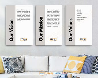 May include: Three white rectangular signs with black text and a gold logo. The signs have the words "Our Vision", "Our Mission", and "Our Values" with a list of values below.