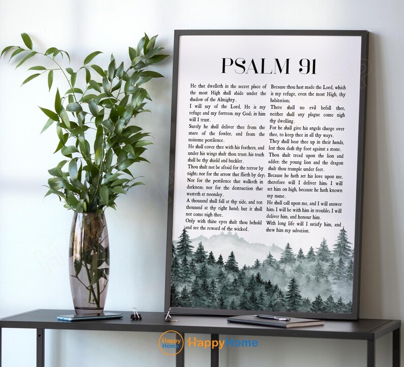 Psalm 91 KJV Bible Verse Wall Art He Who Dwells in the Shelter Scripture Quote Print  Christian Bible Art Poster Home Art Office Decor-P657