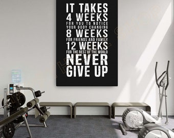 Gym Quote Wall Art 4-8-12 Weeks Rule Never Give Up Workout Room Decor Gym Poster Fitness Prints Art Home Gym Quotes Decor -P942